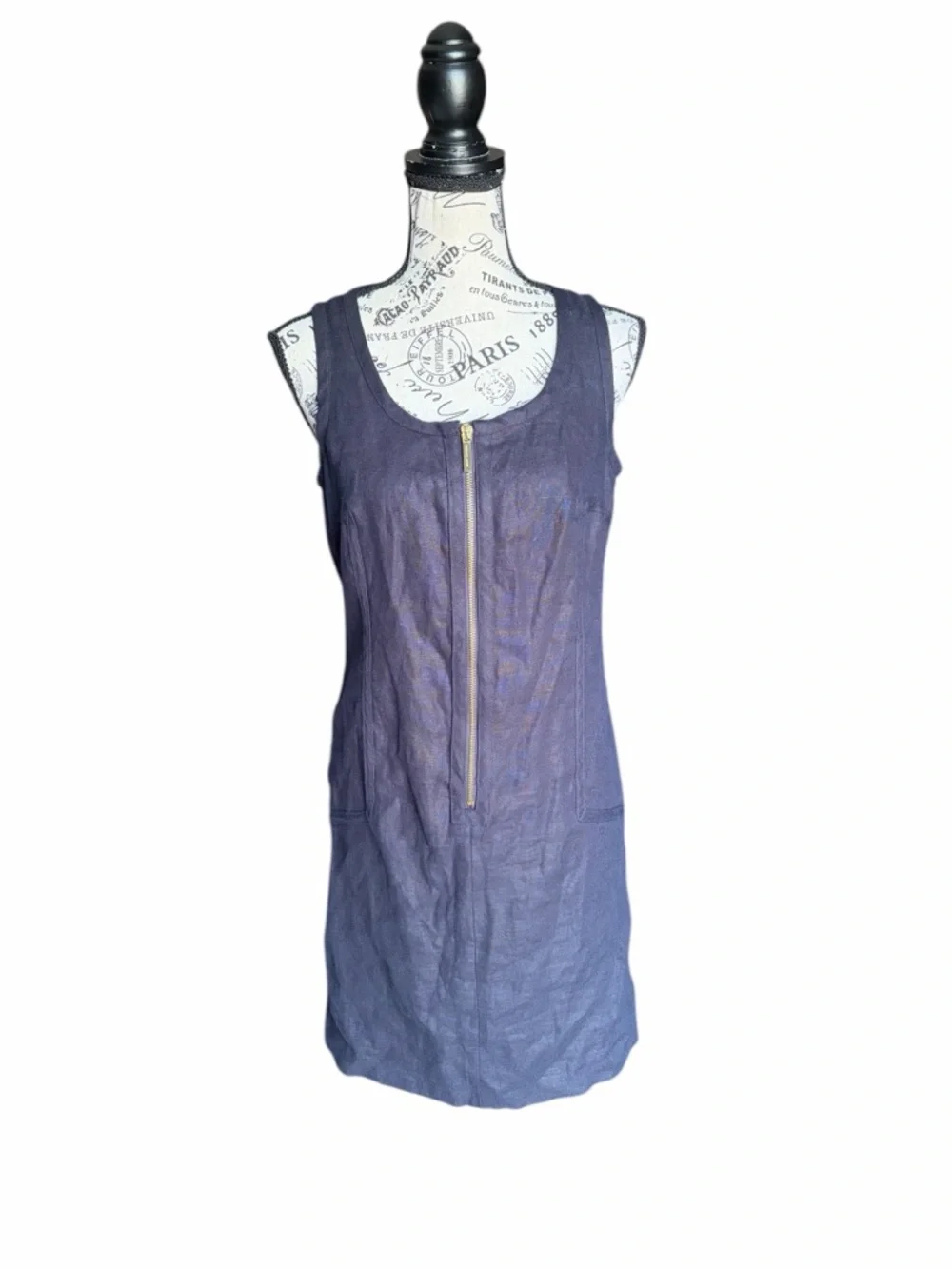 Michael Kors Linen Shift Dress Size 4 Midnight Blue Gold Zip Front Preppy NWT